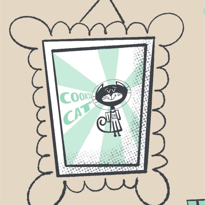 Ilustración de un marco colgado con un cartel que muestra un gato estilizado y las palabras "Cookie Cat" en el fondo.