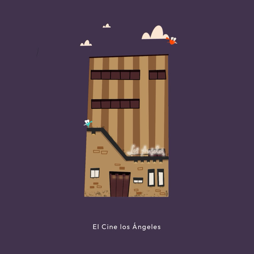 Ilustración de un edificio alto con ventanas y una puerta en la parte inferior, sobre un fondo morado con pequeñas nubes y un pájaro.