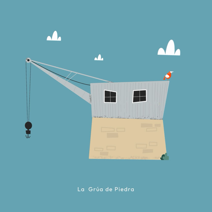Ilustración de una grúa con una estructura de metal y ladrillo sobre un fondo azul, con pequeñas nubes blancas.