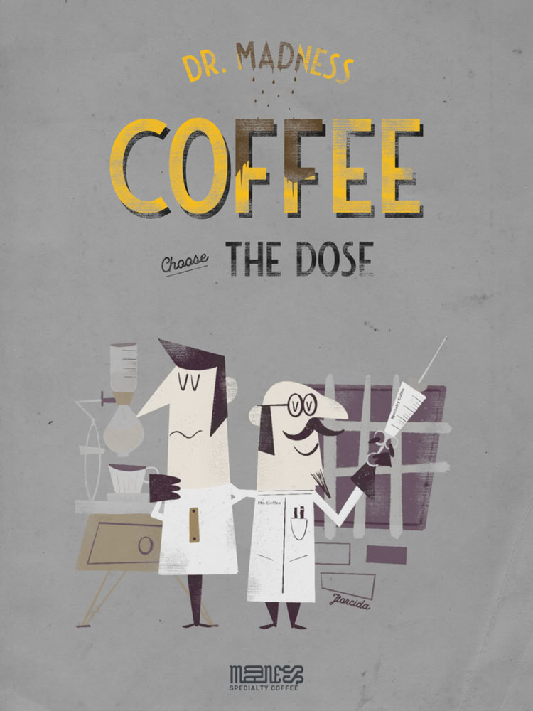 Ilustración de dos personajes con batas blancas, uno sosteniendo una taza y el otro una jeringa, con el texto "Dr. Madness Coffee The Dose" en la parte superior.