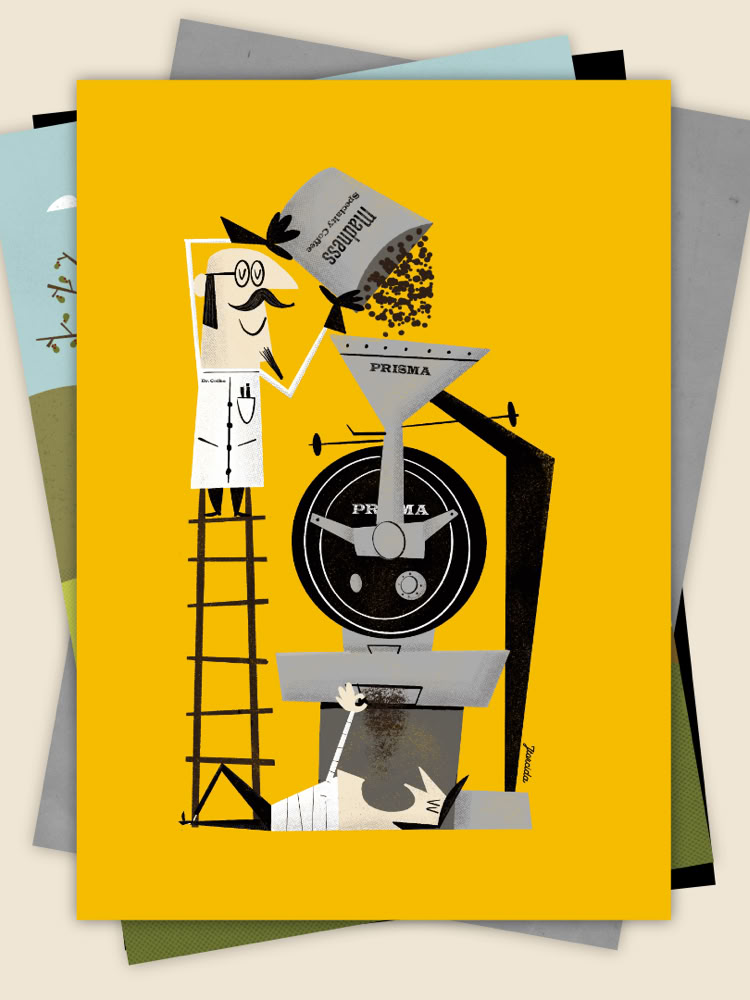 Ilustración de una persona en una escalera vertiendo granos en una máquina sobre un fondo amarillo.