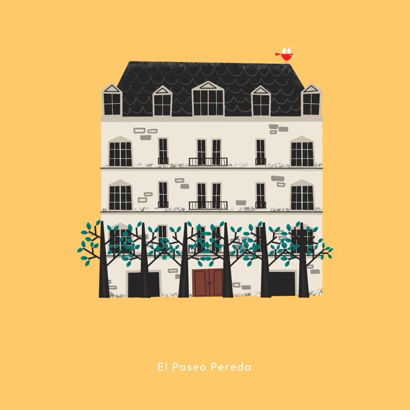 Ilustración de un edificio de cuatro pisos con fachada blanca y techo oscuro, rodeado de árboles. Fondo amarillo.