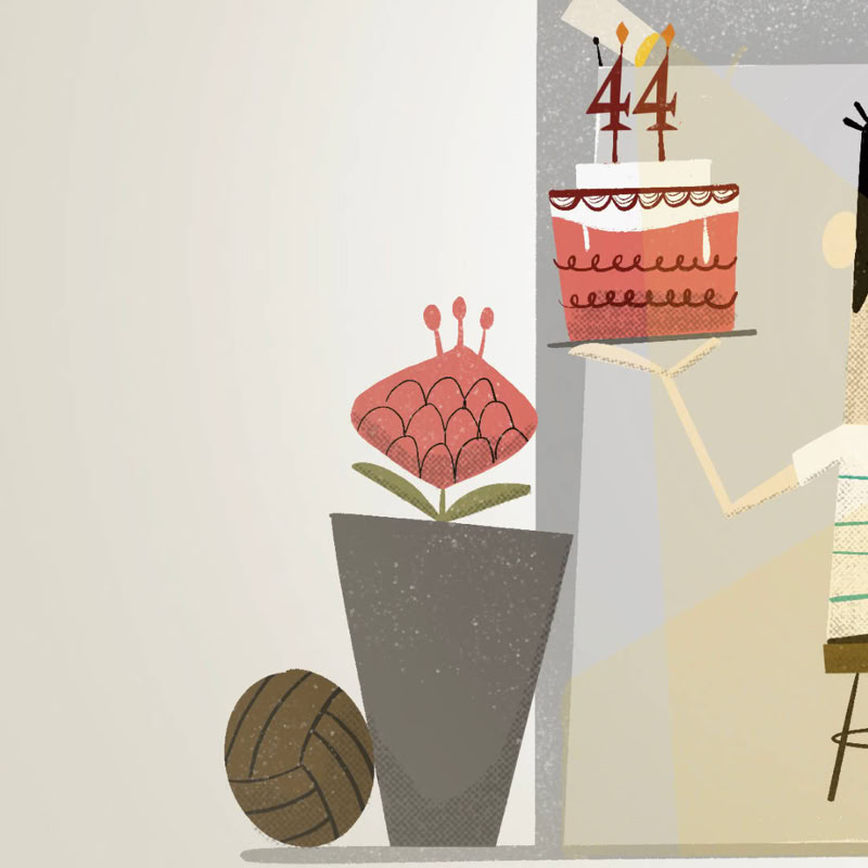 Ilustración de una persona sosteniendo un pastel con el número 44 y velas, junto a una planta en maceta y una pelota en el suelo.