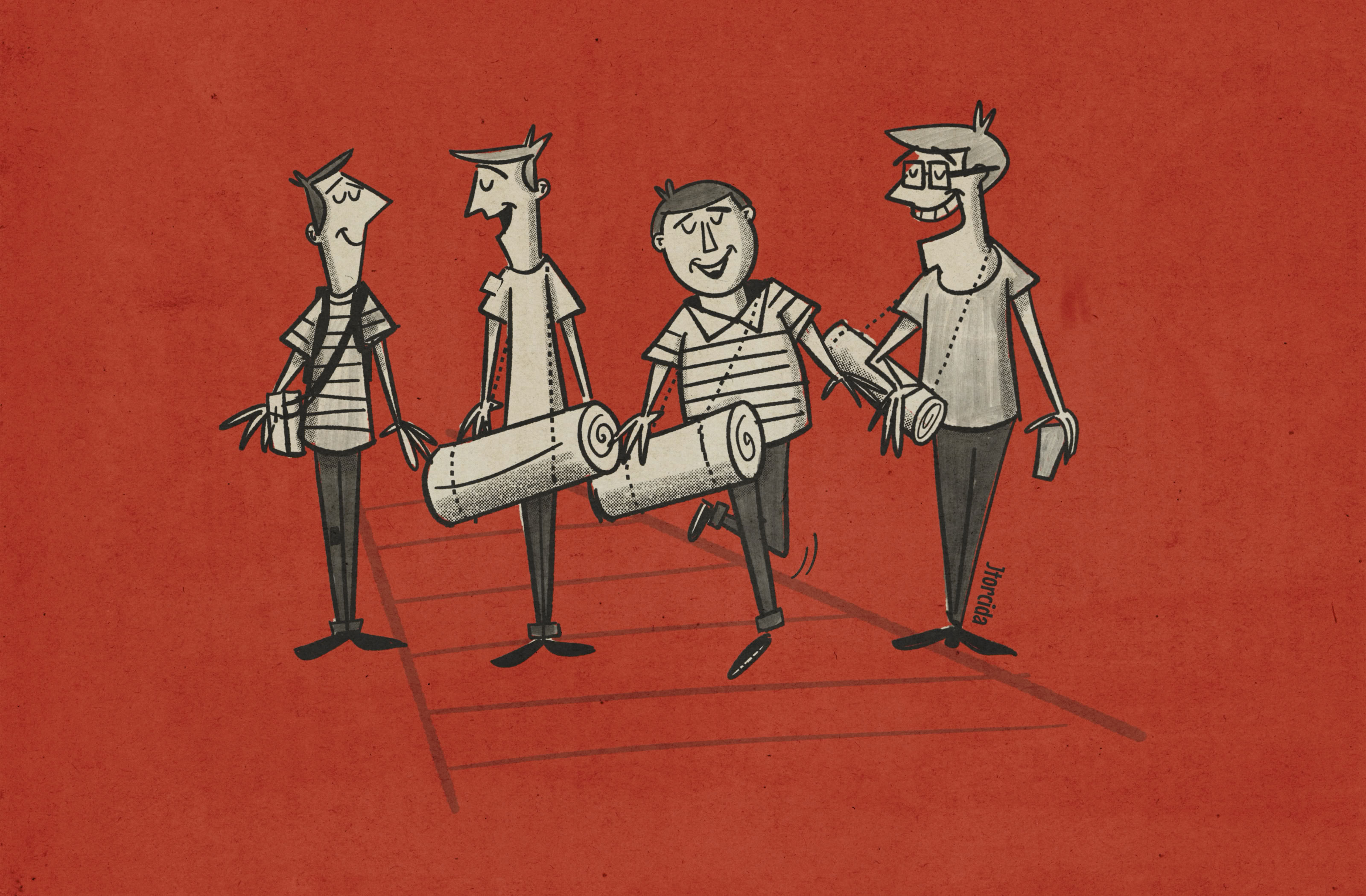 Ilustración de cuatro personajes de pie sobre un fondo rojo, todos con camisetas a rayas y pantalones oscuros. Uno de ellos sostiene un objeto cilíndrico grande.