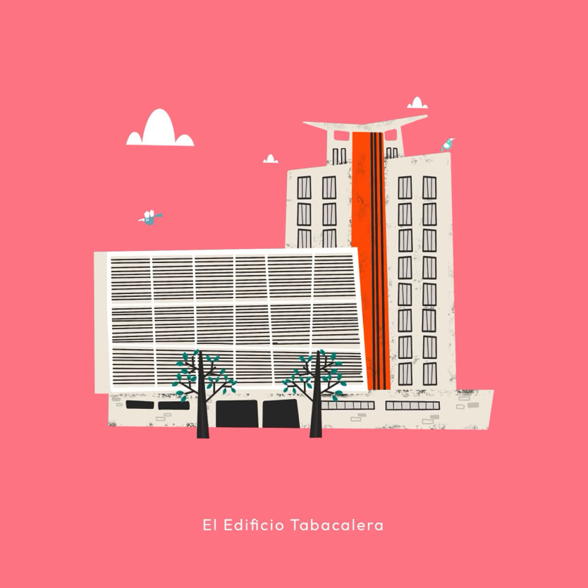 Ilustración de un edificio moderno con ventanas y una estructura adyacente inclinada, sobre un fondo rosa. Hay árboles y nubes pequeñas en el cielo.