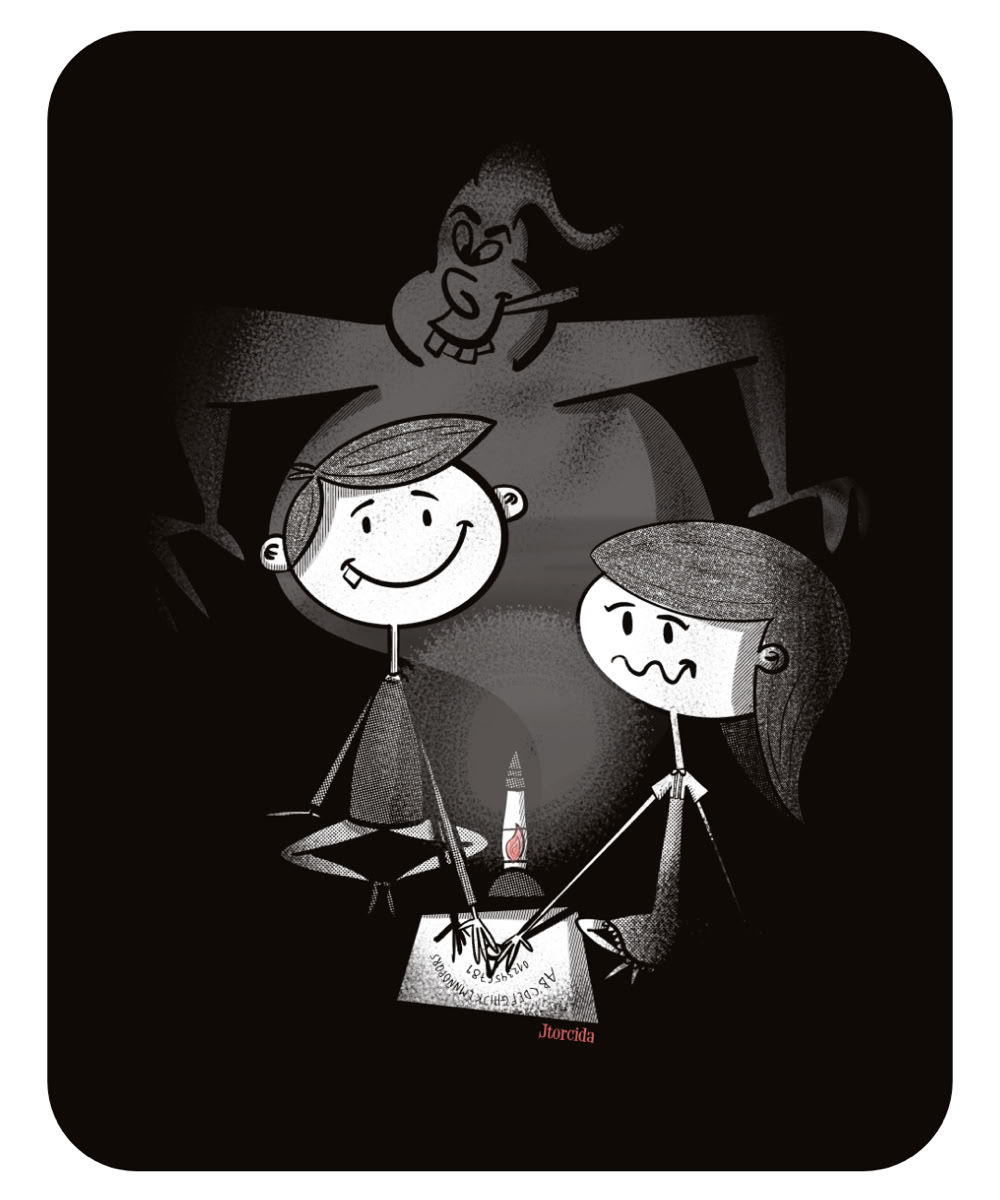 Dibujo en blanco y negro de dos figuras de palo sonrientes sentadas en el suelo con un libro y una botella, con una figura oscura y grande detrás de ellas.