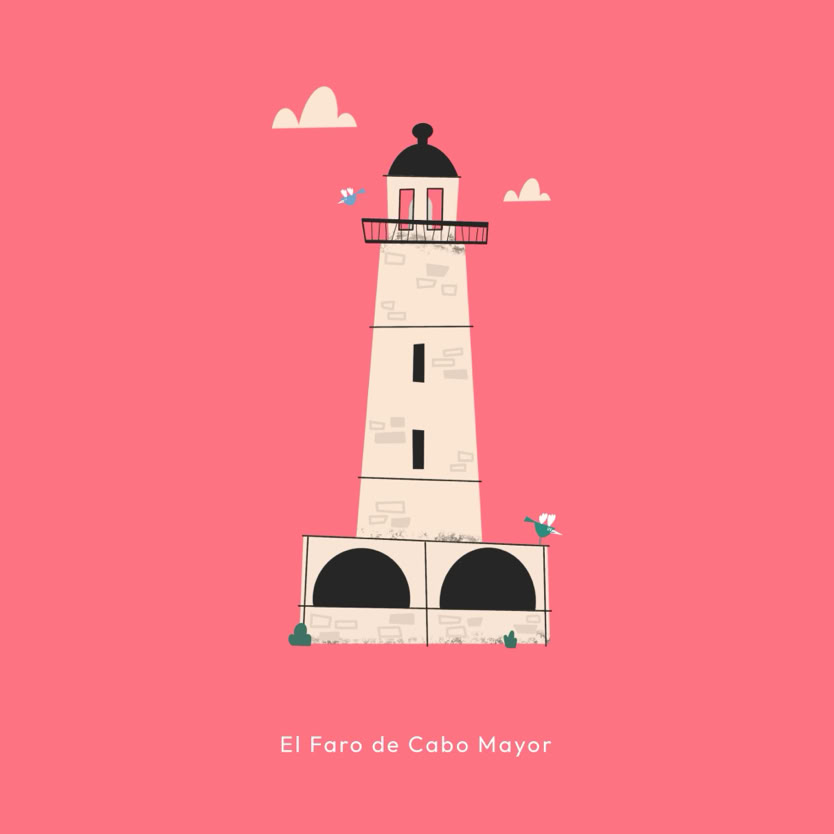 Ilustración de un faro blanco con detalles negros sobre un fondo rosa, con pequeñas nubes y aves alrededor.