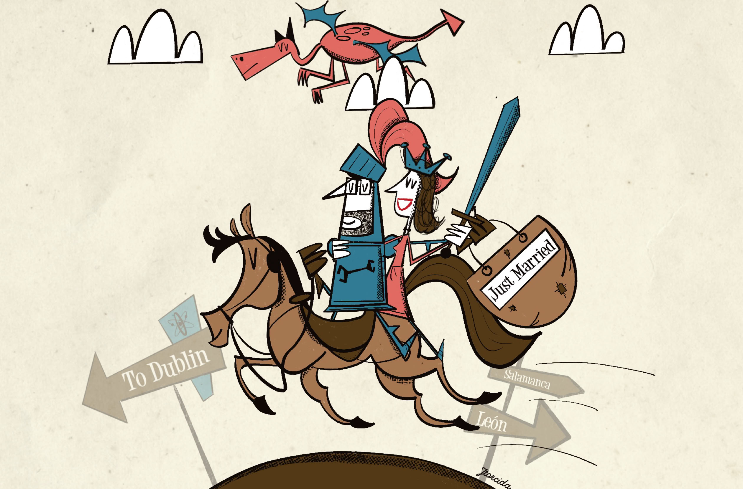 Ilustración de un caballero con armadura montado en un caballo, sosteniendo una lanza y un escudo. Hay un molino de viento y un dragón volando en el fondo.