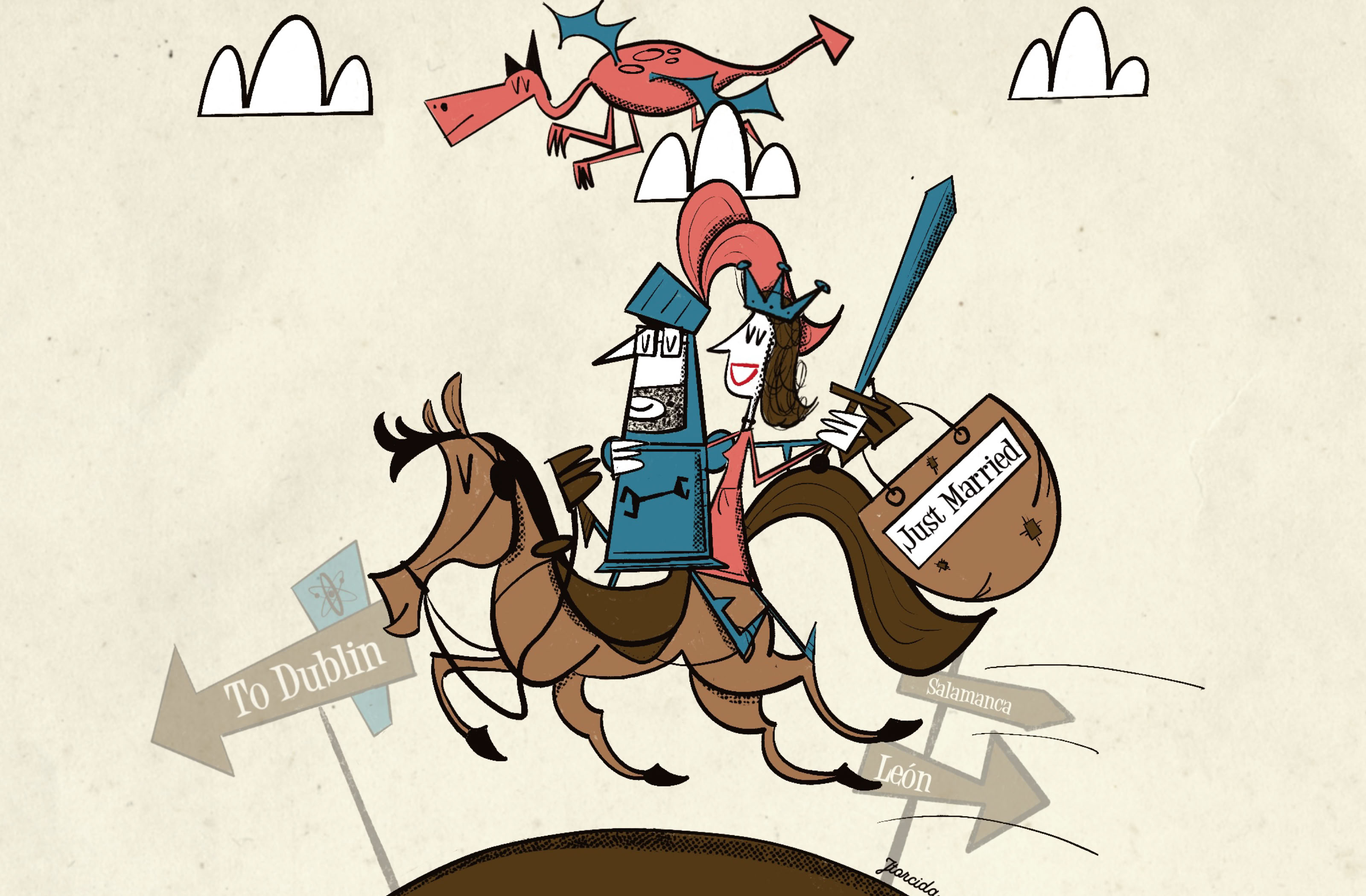 Ilustración de un caballero con armadura montado en un caballo, sosteniendo una lanza y un escudo. Hay un molino de viento y un dragón volando en el fondo.