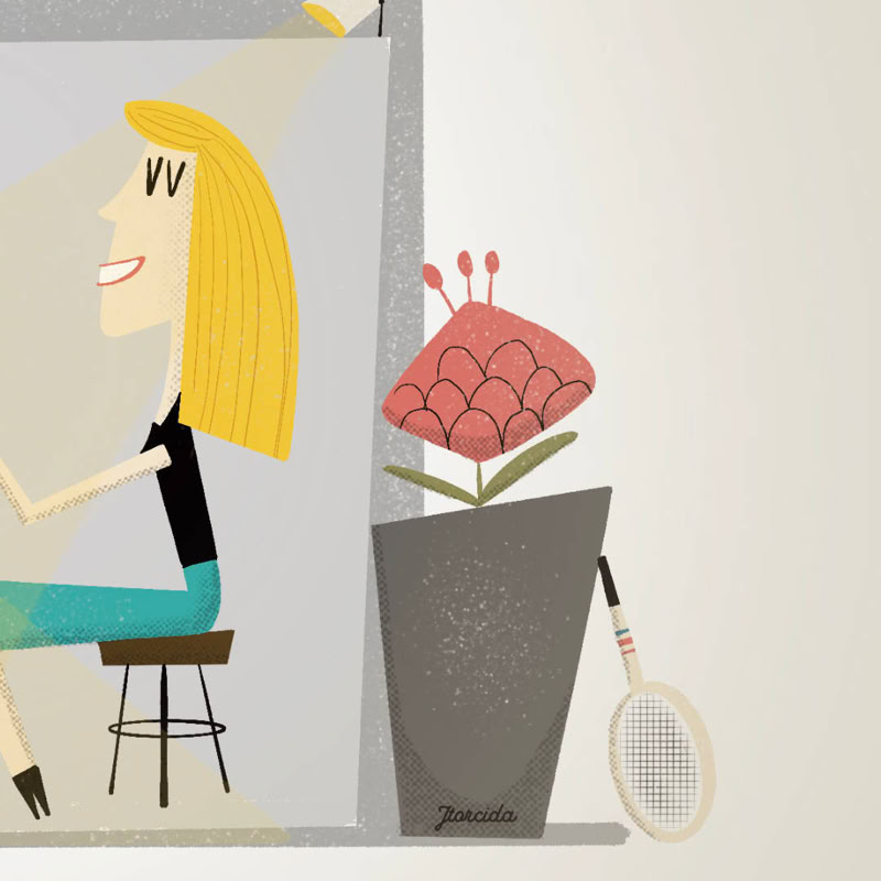 Ilustración de una persona sentada en un taburete frente a una mesa, con cabello rubio y ropa negra y azul. A la derecha, hay una maceta con una flor roja y una raqueta de tenis apoyada.