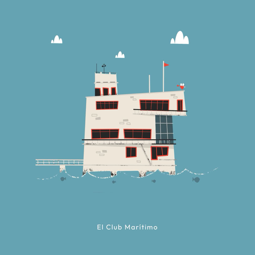 Ilustración de un edificio moderno sobre el agua con ventanas grandes y una bandera en el techo, rodeado de pequeñas olas y nubes en el cielo.