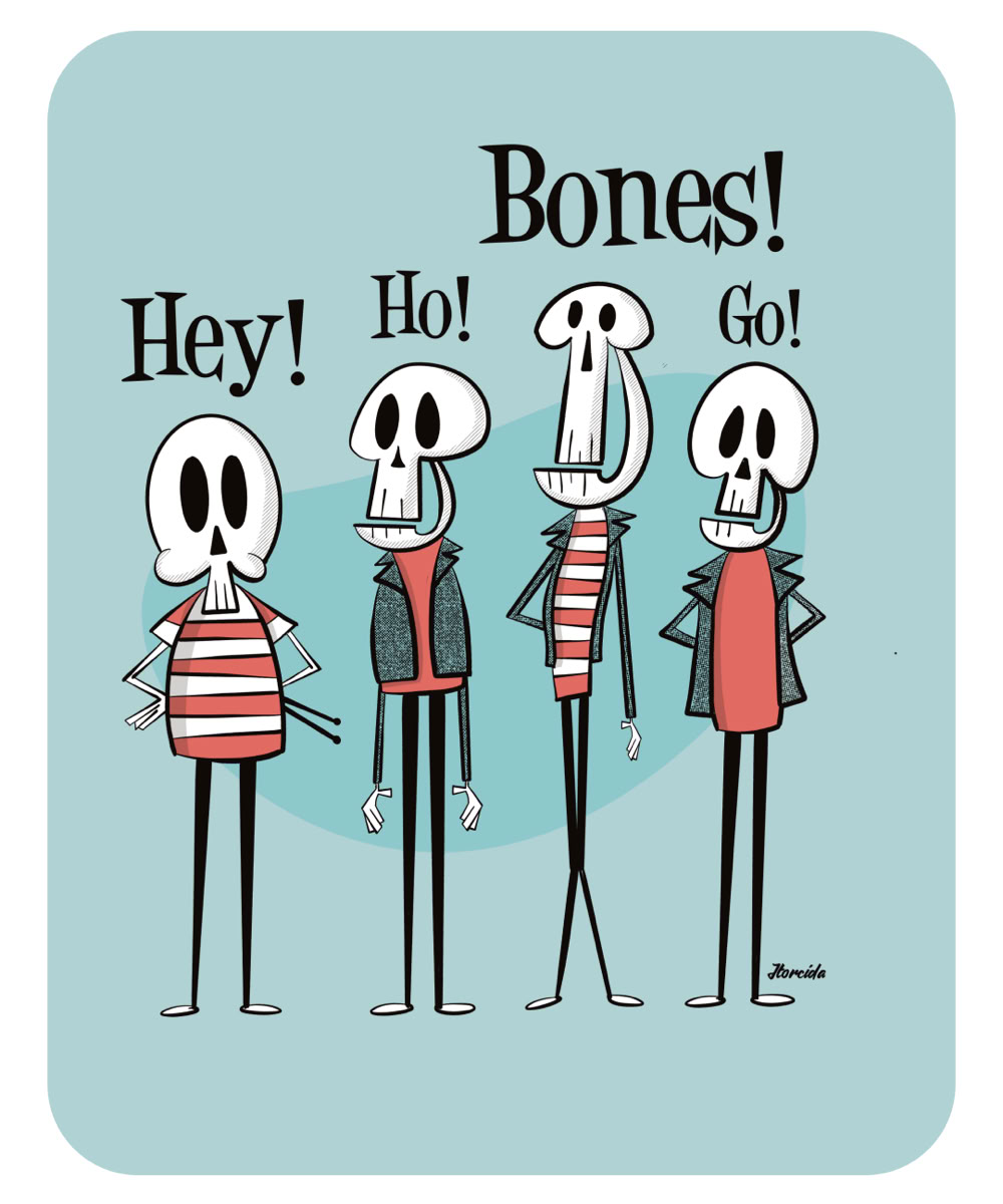 Ilustración de cuatro esqueletos con ropa casual, cada uno con una expresión diferente. Encima de ellos, el texto dice "Hey! Ho! Bones! Go!". El fondo es azul claro.