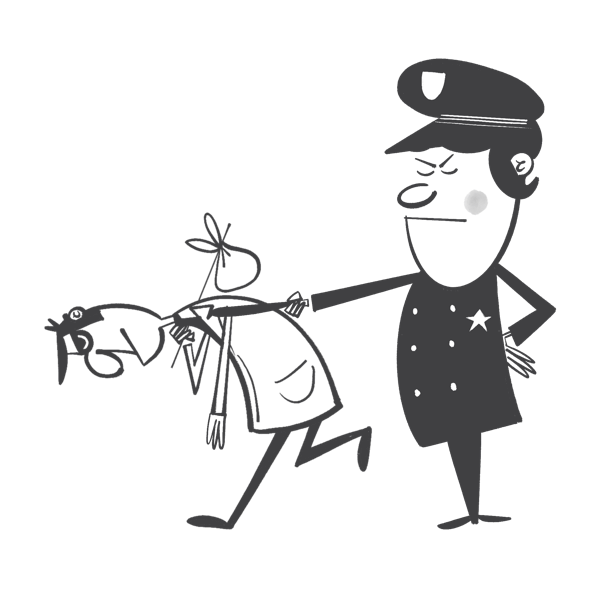 Dibujo en blanco y negro de un policía deteniendo a una persona con bata de laboratorio.