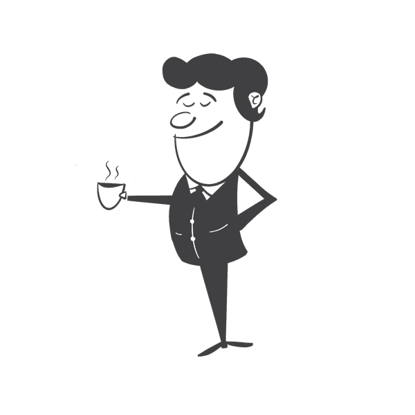 Dibujo en blanco y negro de un hombre sonriente con traje, sosteniendo una taza de café humeante.
