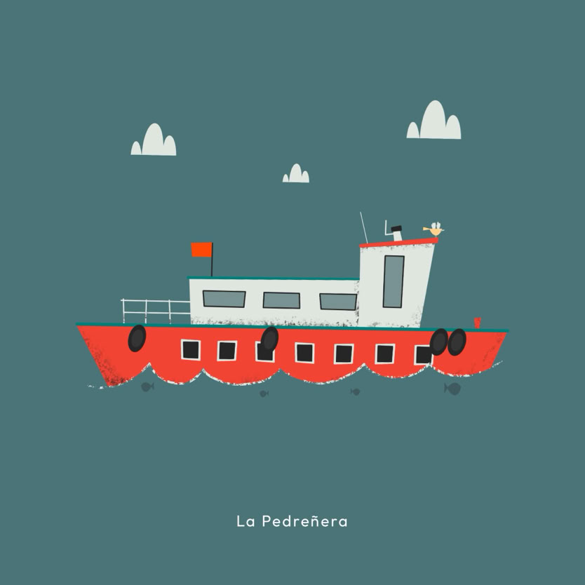 Ilustración de un barco rojo y blanco con una bandera roja, sobre un fondo azul con nubes blancas.