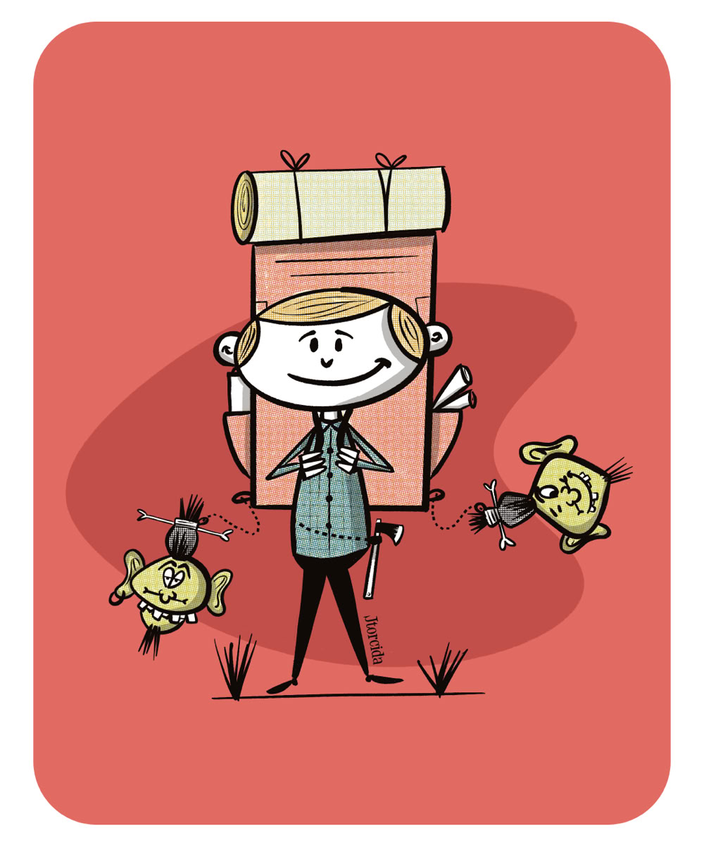 Ilustración de una persona sonriente con una mochila grande, rodeada de dos peces voladores amarillos, sobre un fondo rojo.