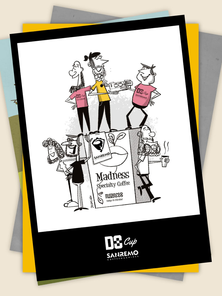 Ilustración de varias personas caricaturizadas de pie sobre una caja que dice "Maltesse" y "Saborizado". Dos personas están encima de la caja y otras cuatro alrededor, algunas sosteniendo bebidas.