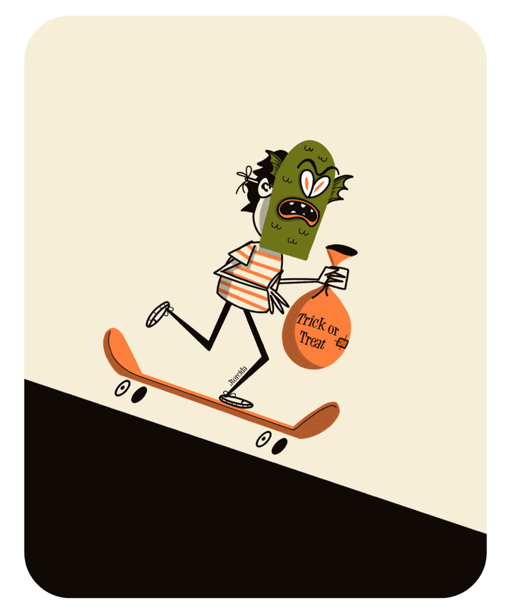 Ilustración de un personaje con cabeza verde y expresión enojada, montando una patineta en una pendiente. Lleva una camiseta a rayas y sostiene una bolsa naranja con la inscripción "trick or treat".