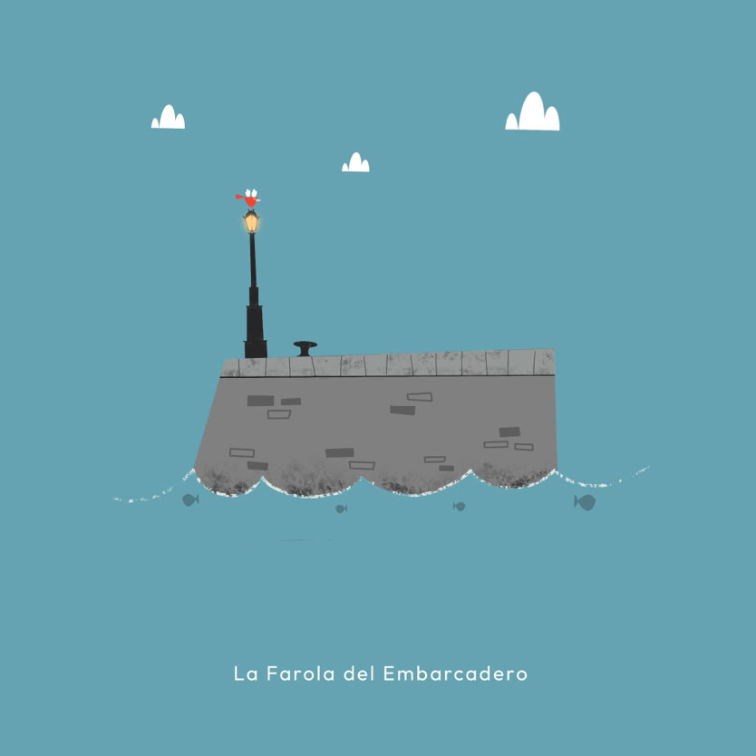 Ilustración de un muelle con una farola en el centro, rodeado de agua y con algunas nubes en el cielo.