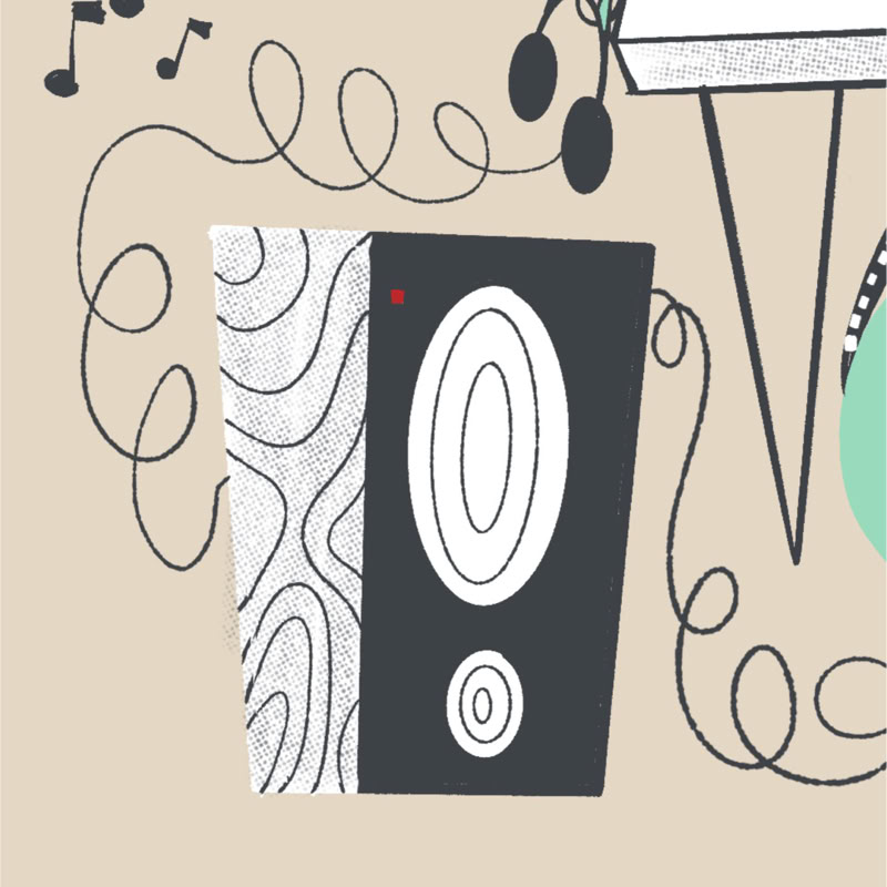 Ilustración de un altavoz con diseño abstracto, rodeado de cables y notas musicales.