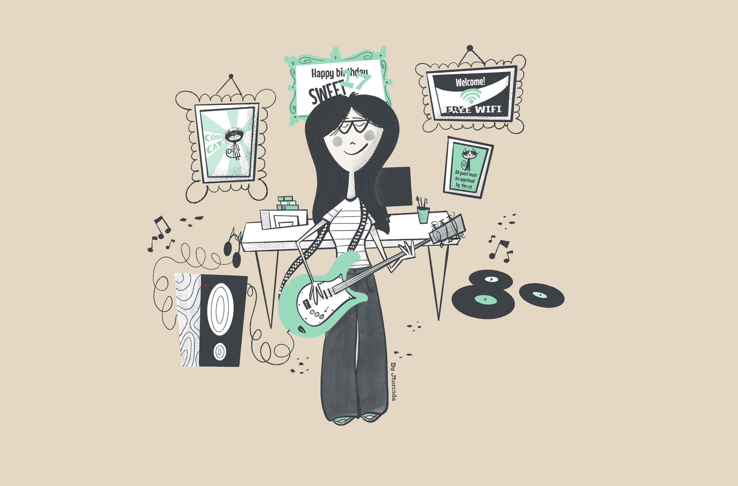 Ilustración de una persona con gafas tocando una guitarra eléctrica verde, rodeada de discos de vinilo, un altavoz y cuadros en la pared.