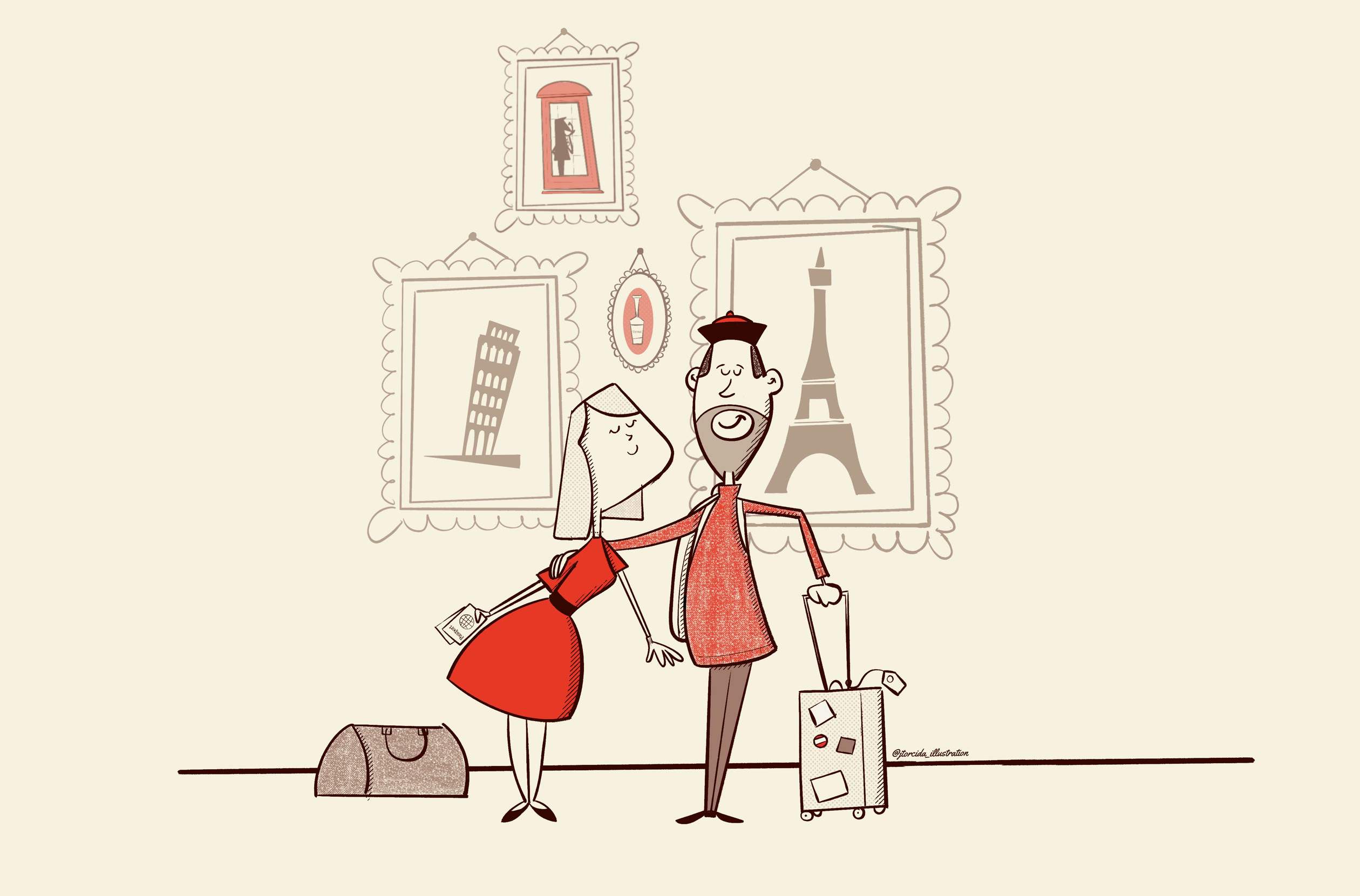 Ilustración de una pareja sonriente, con una mujer besando a un hombre en la mejilla. Ambos están de pie junto a una maleta y un bolso. En la pared hay cuadros con imágenes de la Torre Eiffel y la Torre de Pisa.
