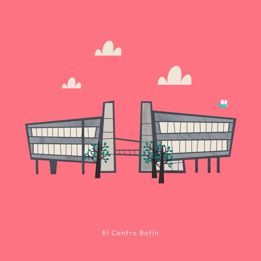 Ilustración de un edificio moderno con dos secciones conectadas por un puente, árboles delante y un cielo con nubes sobre un fondo rosa.