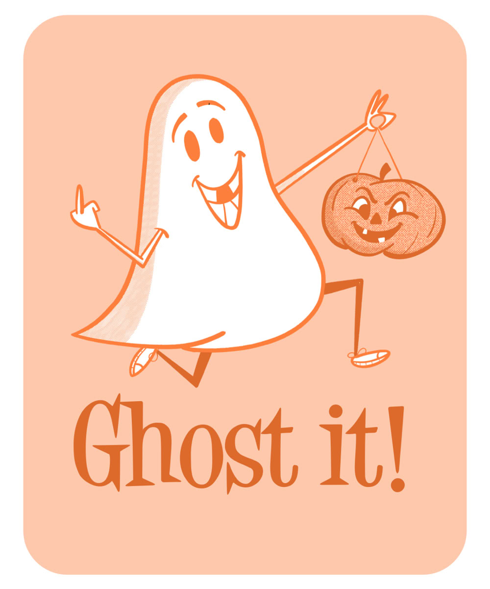 Ilustración de un fantasma sonriente sosteniendo una calabaza con cara, sobre un fondo naranja. Debajo, el texto "Ghost it!".